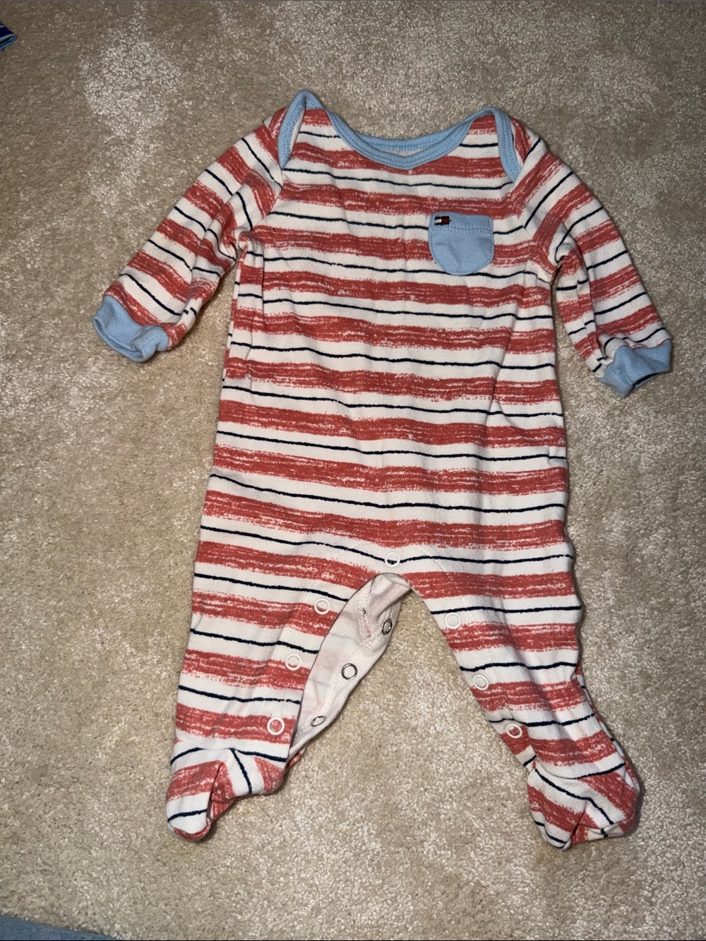 Tommy Hilfiger Red & White Striped Footed One-Piece with Light Blue Trim